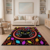 Playful Black Cat with Vibrant Leaves Round Rug