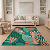 Coral and Teal Leaf Boho Area Rug