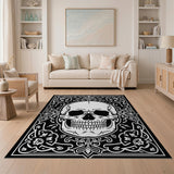 Ornate Skull Floral Frame Black White Area Rug