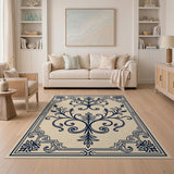 Elegant Navy Floral Vine Beige Area Rug
