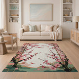 Pink Cherry Blossom Area Rug with Birds and Lattice