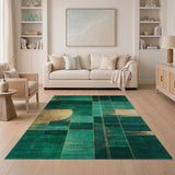 Emerald Green Geometric Abstract Area Rug with Gold Accents