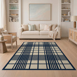 Navy and Beige Plaid Geometric Area Rug