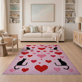 Whimsical Black Cat Hearts Pink Woven Rug