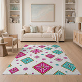Pink Teal Diamond Floral Boho Area Rug