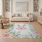 Adorable Pink Bunny Floral Kids Rug