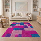 Vibrant Pink Purple Blue Geometric Patchwork Shag Rug