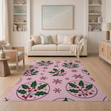 Festive Pink Holly Berry Snowflake Pattern Rug