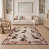 Whimsical Brown Bunny Pink Floral Area Rug