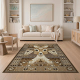 Brown and Tan Tribal Deer Head Geometric Area Rug