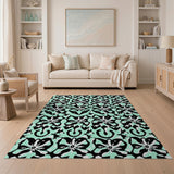 Teal Black Geometric Floral Area Rug
