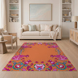 Vibrant Pink Hibiscus Floral Orange Boho Rug