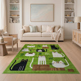 Playful Green Cats Cartoon Area Rug