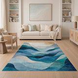 Teal Blue Abstract Waves Mountains Rug with Gold Sun
