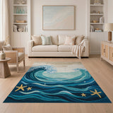 ODIKA Ocean Wave Washable Rug - Coastal Starfish Blue Nautical Area Rug, Low Pile & Non-Slip