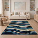 Navy Teal Abstract Wave Area Rug