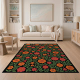 Fiery Orange Floral Area Rug on Black