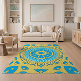 Vibrant Blue Mandala on Sunny Yellow Area Rug