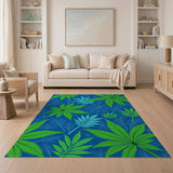Stylized Green Leaves on Deep Blue Area Rug