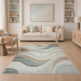 Beige and Neutral Wavy Abstract Beige Grey Area Rug