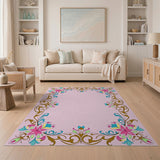 Ornate Multi-Color Floral Border Pink Rug