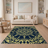 Navy Mandala Area Rug with Golden Floral Patterns