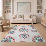 Teal Red Geometric Flower Area Rug