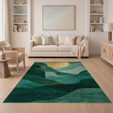 Golden Sun Over Teal Green Abstract Waves Rug