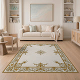 Beige and Neutral Ornate Gold Floral Border Beige Area Rug