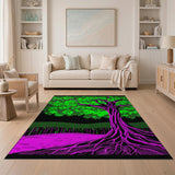 Retro Pixelated Tree Area Rug Green Leaves Pink Roots