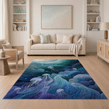 Watercolor Deep Blue Jellyfish Washable Area Rug - Low Pile
