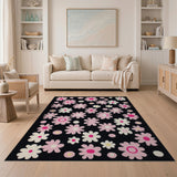 Whimsical Pink Daisies on Black Area Rug