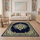 Navy Mandala Area Rug with Ornate Gold Border