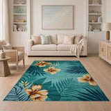 Teal Hibiscus and Palm Leaf Coastal Area Rug