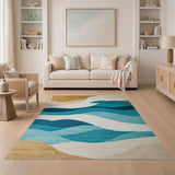 ODIKA Washable Abstract Coastal Wave Area Rug - Teal, Blue & Beige Low Pile Non-Slip Pet Friendly