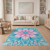 Pink Mandala Floral Area Rug in Teal Blue