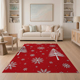 Festive Red Pine Trees Snowflakes Area Rug
