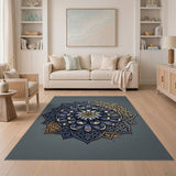 Navy Blue Mandala Floral Area Rug with Gold Filigree