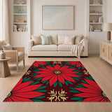 Floral Vintage Festive Red Poinsettia Floral Area Rug