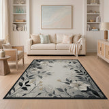 Grey Floral Vintage Area Rug with White Blossoms
