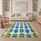Bold Blue Yellow Geometric Grid Rug
