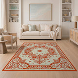 Ornate Floral Cream Area Rug with Terracotta Borders