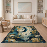 Vintage Art Deco Mermaid Navy & Gold Washable Area Rug, Low Pile Non-Slip