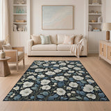 Navy Blue Leaf White Anemone Floral Rug