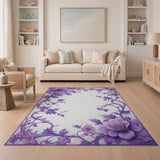 ODIKA Elegant Purple Floral Washable Area Rug - Low Pile Non-Slip Carpet