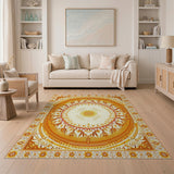 ODIKA Washable Area Rug - Golden Sunburst Mandala Design, Low Pile & Non-Slip