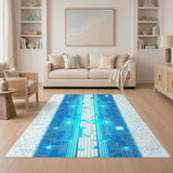 Blue Circuit Board Geometric Area Rug