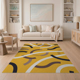 Vibrant Yellow Curved Lines Geometric Area Rug