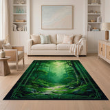 ODIKA Enchanted Forest Washable Area Rug - Green Nature Landscape Low Pile Non-Slip Rug