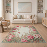 ODIKA Washable Vintage Pink Rose Floral Rug - Low Pile, Non-Slip, Pet Friendly